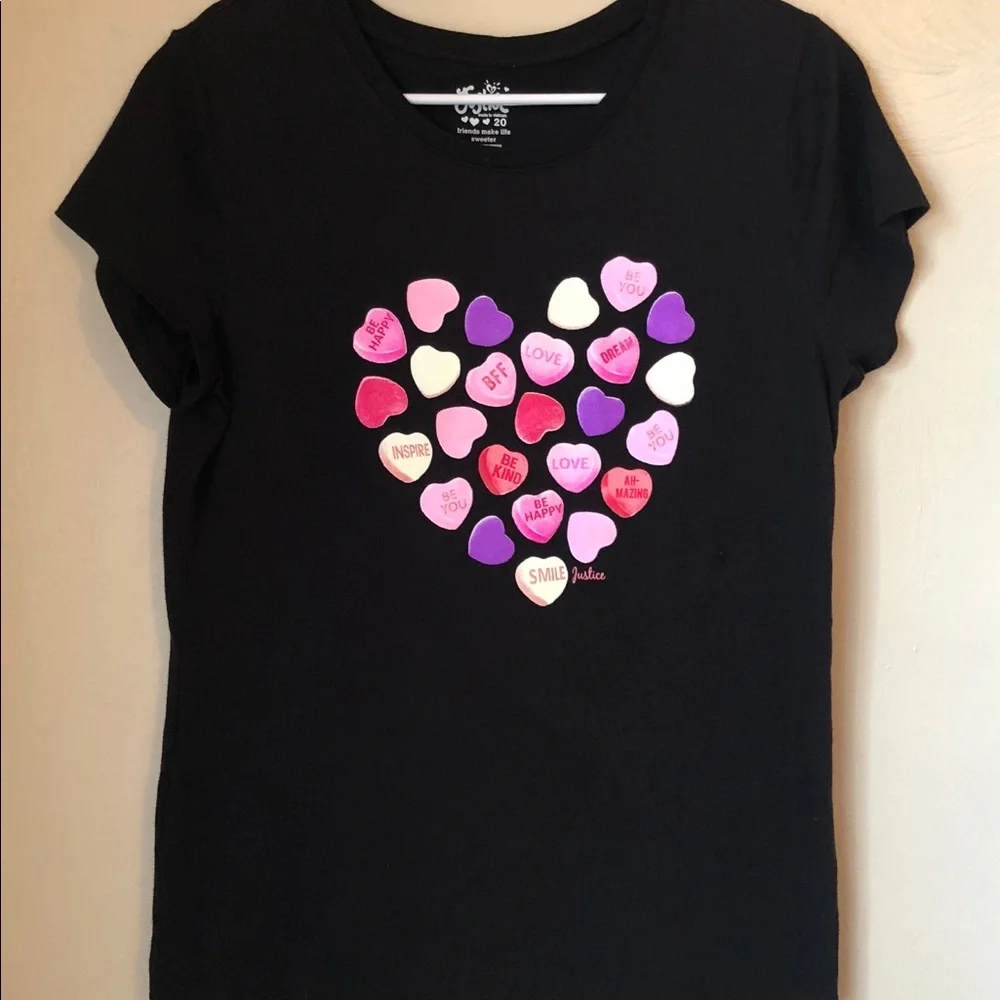 Justice Candy Hearts Graphic T-Shirt Girls Size 20 Cute Tee Valentine Top NWOT